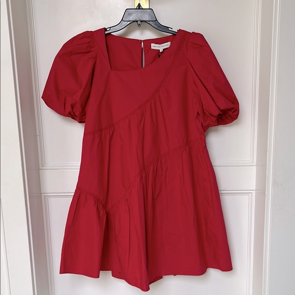 ENGLISH FACTORY Women's Asymmetric Poplin Tiered Sadie Dress Red Raspberry Small - Picture 2 of 11